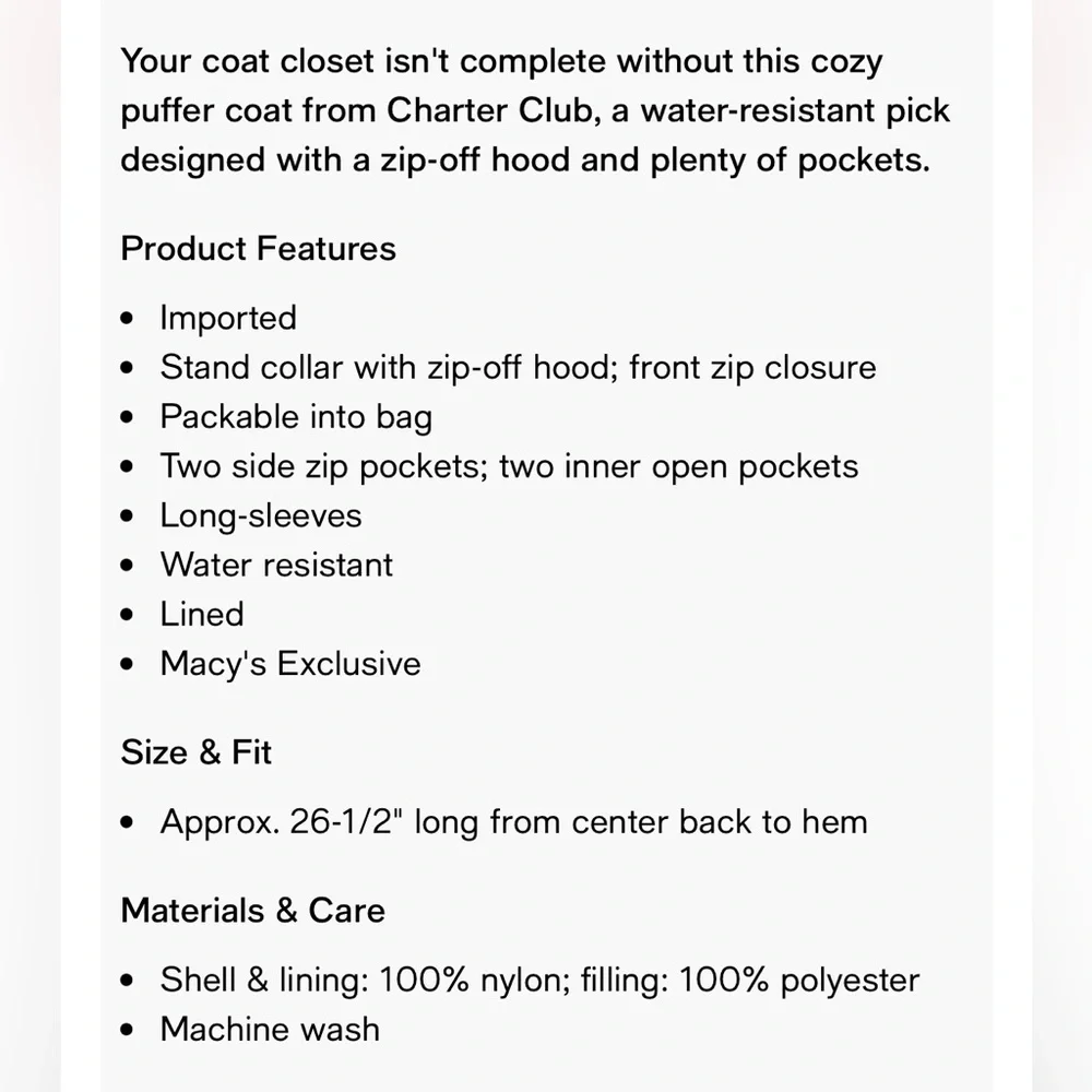 NWT Charter Club Packable Puffer Jacket, S - Picture 9 of 9